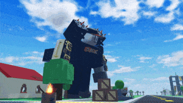 a giant robot wearing a roblox shirt stands in a video game