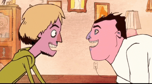 a cartoon of two men looking at each other with one having a purple face