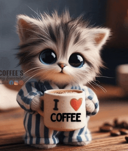 a kitten wearing pajamas holds a cup of coffee that says i love coffee