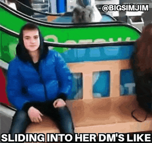 a man in a blue jacket is sitting in front of an escalator with the caption sliding into her dm 's like .
