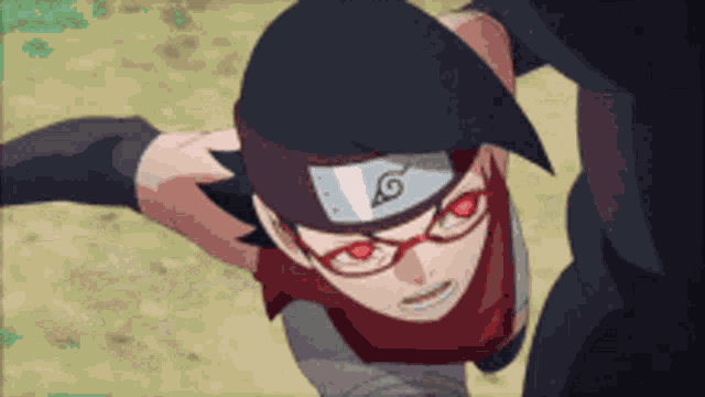 a girl with red eyes is wearing glasses and a black hat with the letter l on it .
