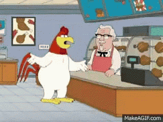 a cartoon of a chicken talking to a man at a counter