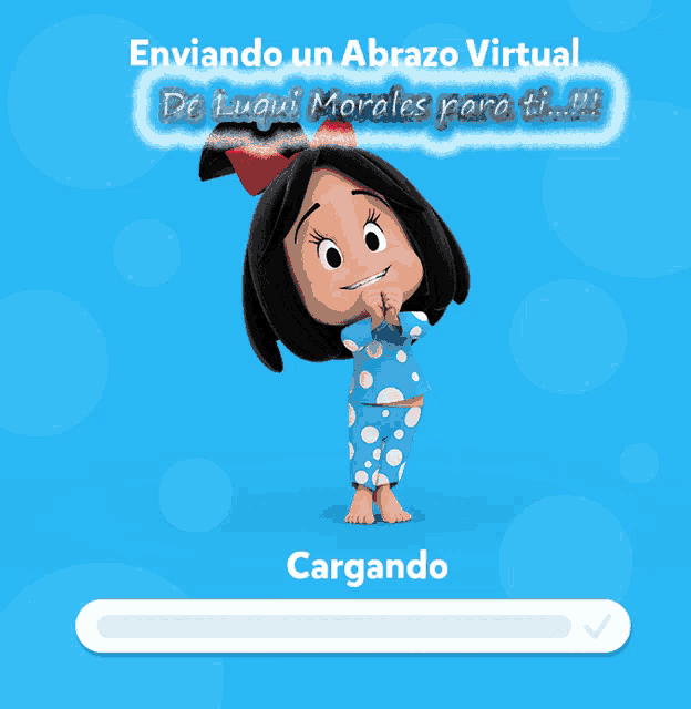 a cartoon of a girl hugging a baby with the words enviando un abrazo virtual de luqui morales para ti !!!