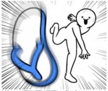 a cartoon of a man standing next to a blue flip flop .
