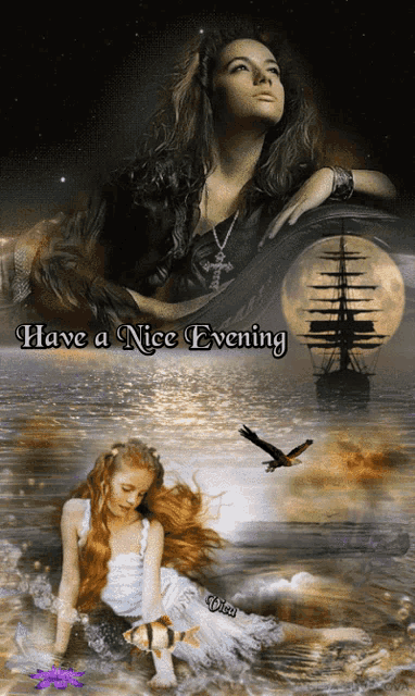 a painting of a woman and a ship with the words have a nice evening on the bottom