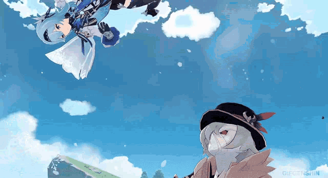 a girl is flying through the air next to a cat in a hat .