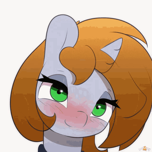 a drawing of a pony with green eyes and red cheeks