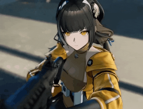 a close up of a girl holding a gun in a video game .