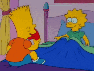 bart simpson and maggie simpson are sitting on a bed talking to each other .