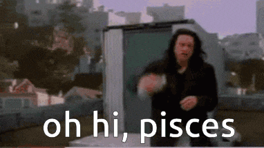 a man is standing on a roof with the words `` oh hi pisces '' written on the bottom .