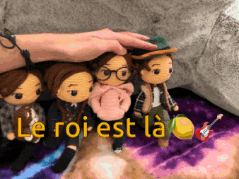 a group of dolls are sitting on a blanket with the words le roi est la above them