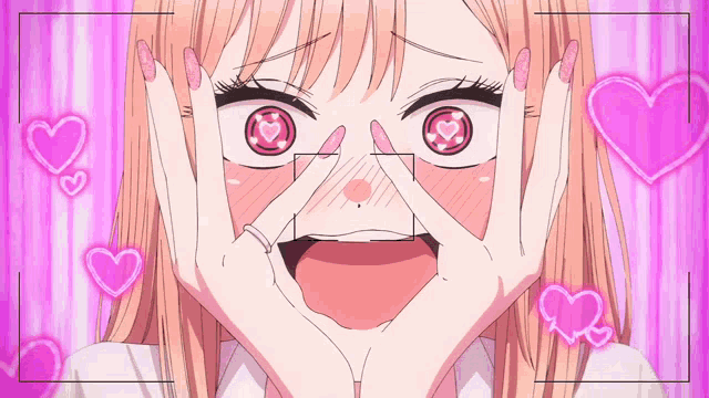 a girl with hearts in her eyes making a heart shape with her hands