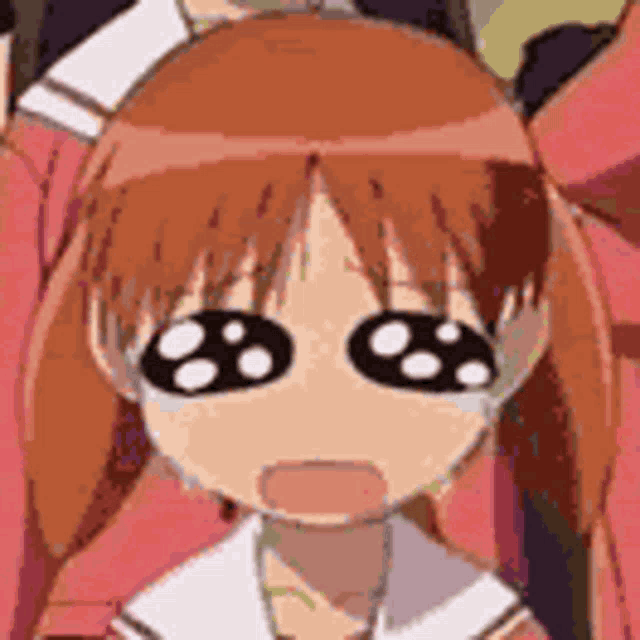 a close up of a cartoon girl with big eyes making a surprised face .