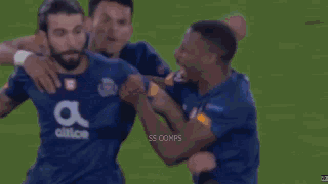 a group of soccer players are celebrating a goal together on a field .