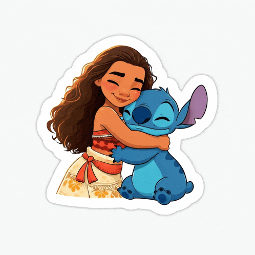 a sticker of a girl hugging a stitch