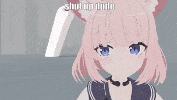a girl with pink hair and blue eyes is wearing a sailor suit and a cat ear .