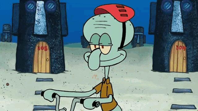 squidward from spongebob is riding a bike in front of a building with the number 309 on it