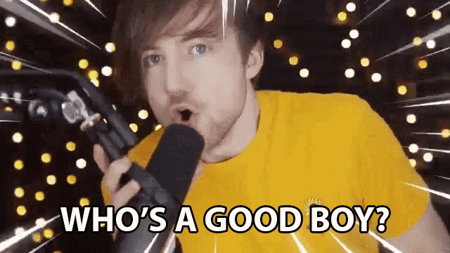 a man in a yellow shirt is singing into a microphone with the words who 's a good boy above him