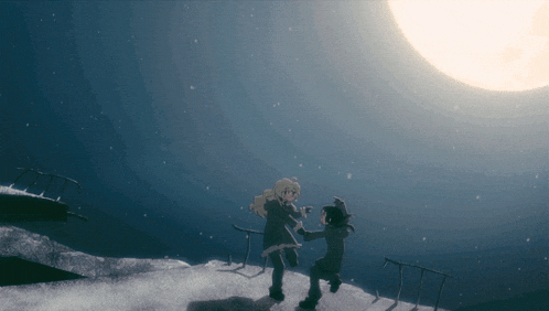 a couple of people standing on top of a snowy hill with the moon in the background