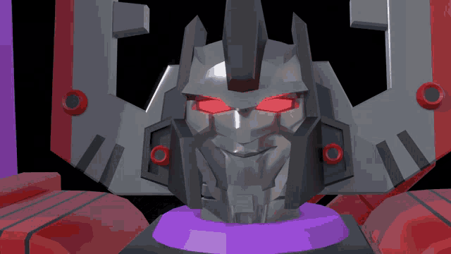 a 3d model of a robot with red eyes and a purple collar