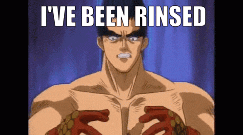 a shirtless cartoon character with the words " i 've been rinsed " on the bottom