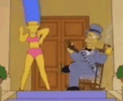 a cartoon of a man sitting in a chair next to a woman dancing in front of a door .