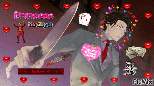 a man in a suit holding a bloody knife with the words princess i 'm silly 3 on the top