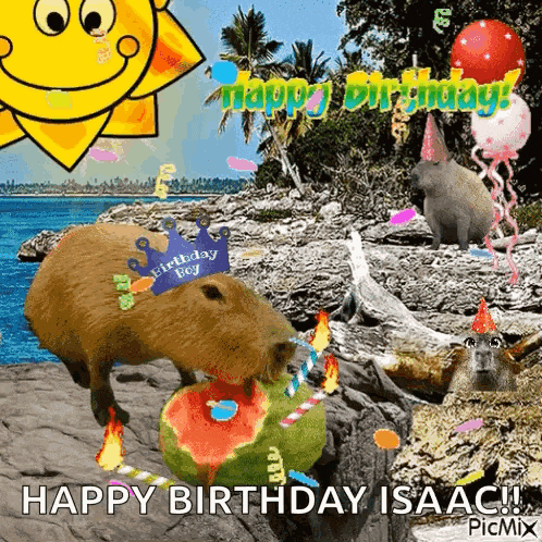 a picture of a capybara eating a watermelon with the words happy birthday isaac