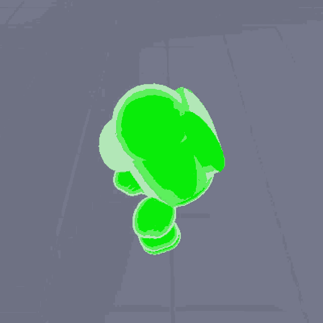 a green among us character is standing on a gray tiled floor