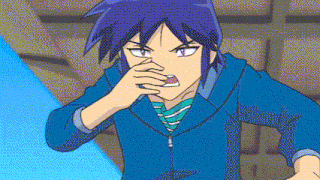 a cartoon character with purple hair covering his nose