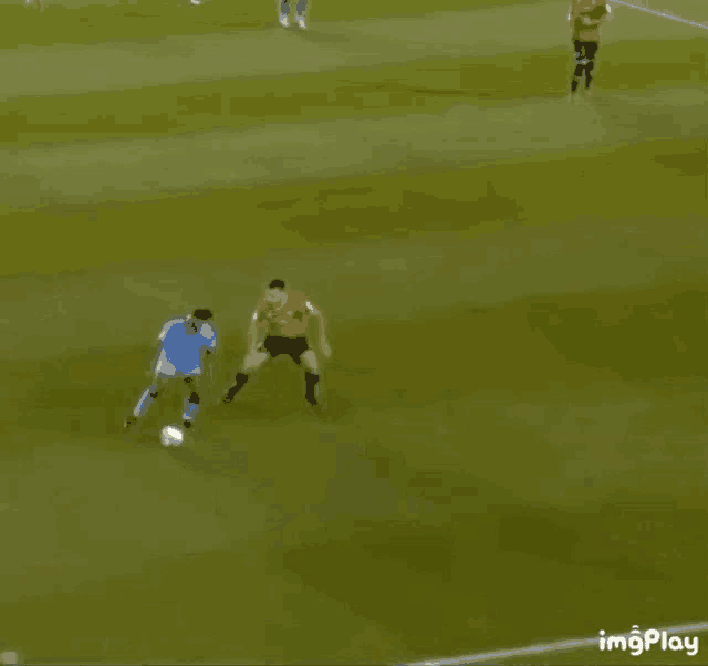 two soccer players are playing a game of soccer on a field . one of the players is wearing a blue shirt .