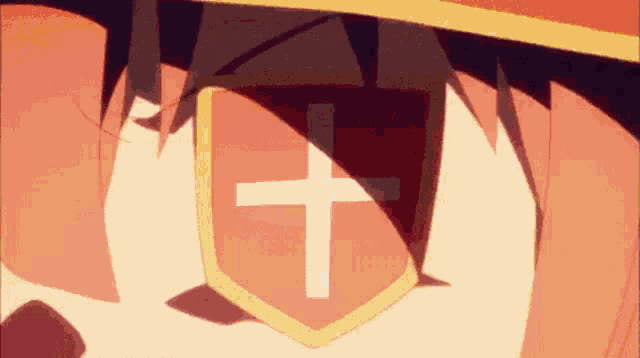 a close up of a person 's face with a shield with a cross in it
