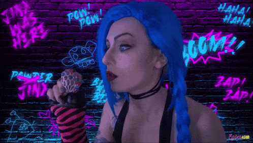 a woman with blue hair holds a pipe in front of a brick wall that says " powder jinx "