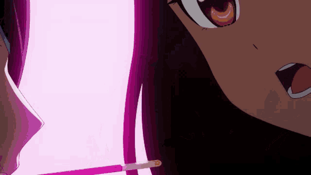 a close up of a person 's face with a purple light behind them