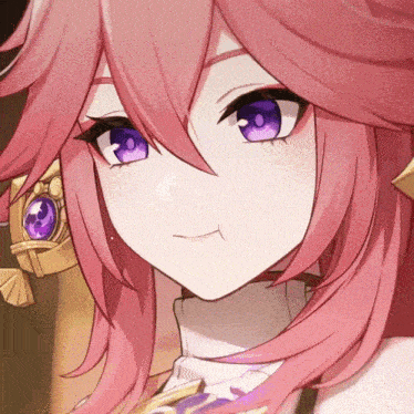 a close up of a anime girl with pink hair and purple eyes
