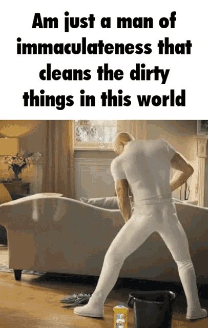 a picture of a man cleaning a couch with a caption that says am just a man of immaculateness