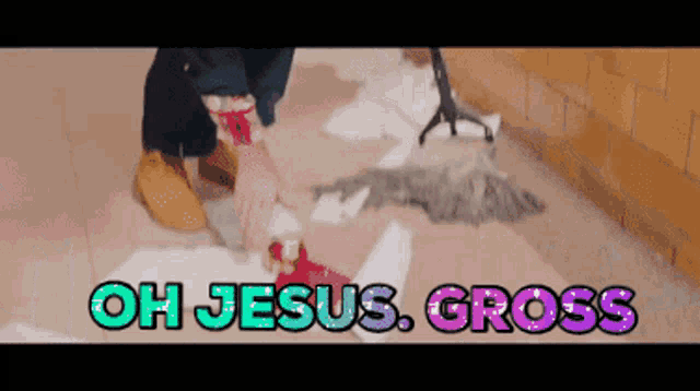 a person is mopping the floor with the words oh jesus gross written on it