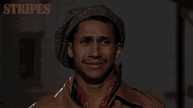 a man wearing a gray hat and a brown jacket with the word stripes on the bottom right