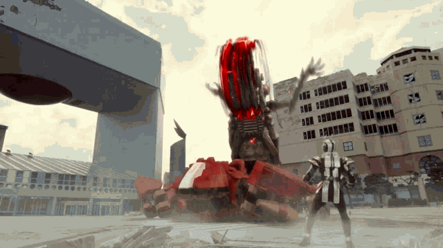 a man in a black and white outfit stands in front of a large red robot