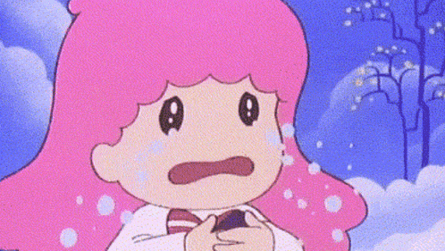 a cartoon girl with pink hair is crying in the snow while holding something in her hands .