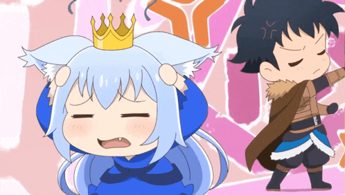 a girl with a crown on her head stands next to a man