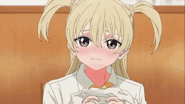 a blonde anime girl with pigtails is sitting in a chair with her shirt open