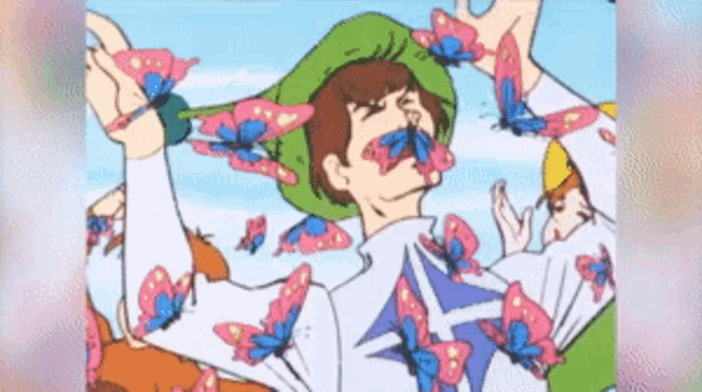 a cartoon of a man with butterflies around his face
