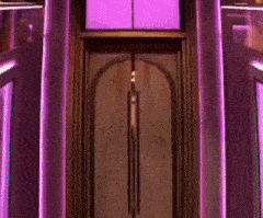 a door with purple lights behind it and a purple window .
