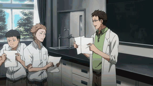 a man in a lab coat holds a piece of paper in front of two other men
