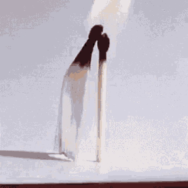 a silhouette of a person standing on a pole in front of a white wall