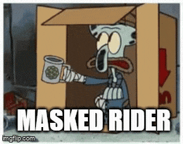 squidward from spongebob squarepants is in a cardboard box holding a coffee mug ..