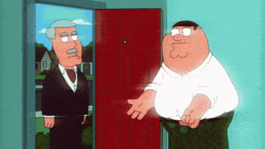 peter griffin from family guy is standing in front of a door