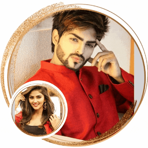 a man with a beard and a woman with earrings are in a gold circle
