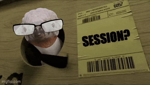 a piece of paper that says " session " next to a statue